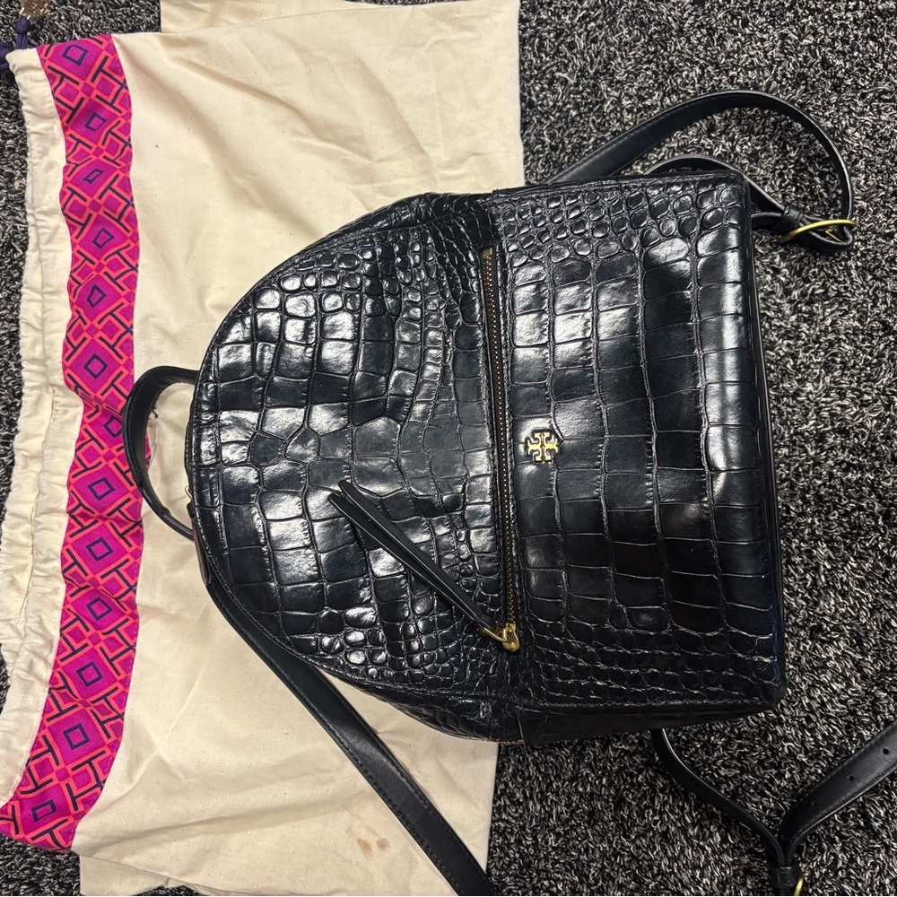 Tory Burch Black Croc-Embossed Backpack